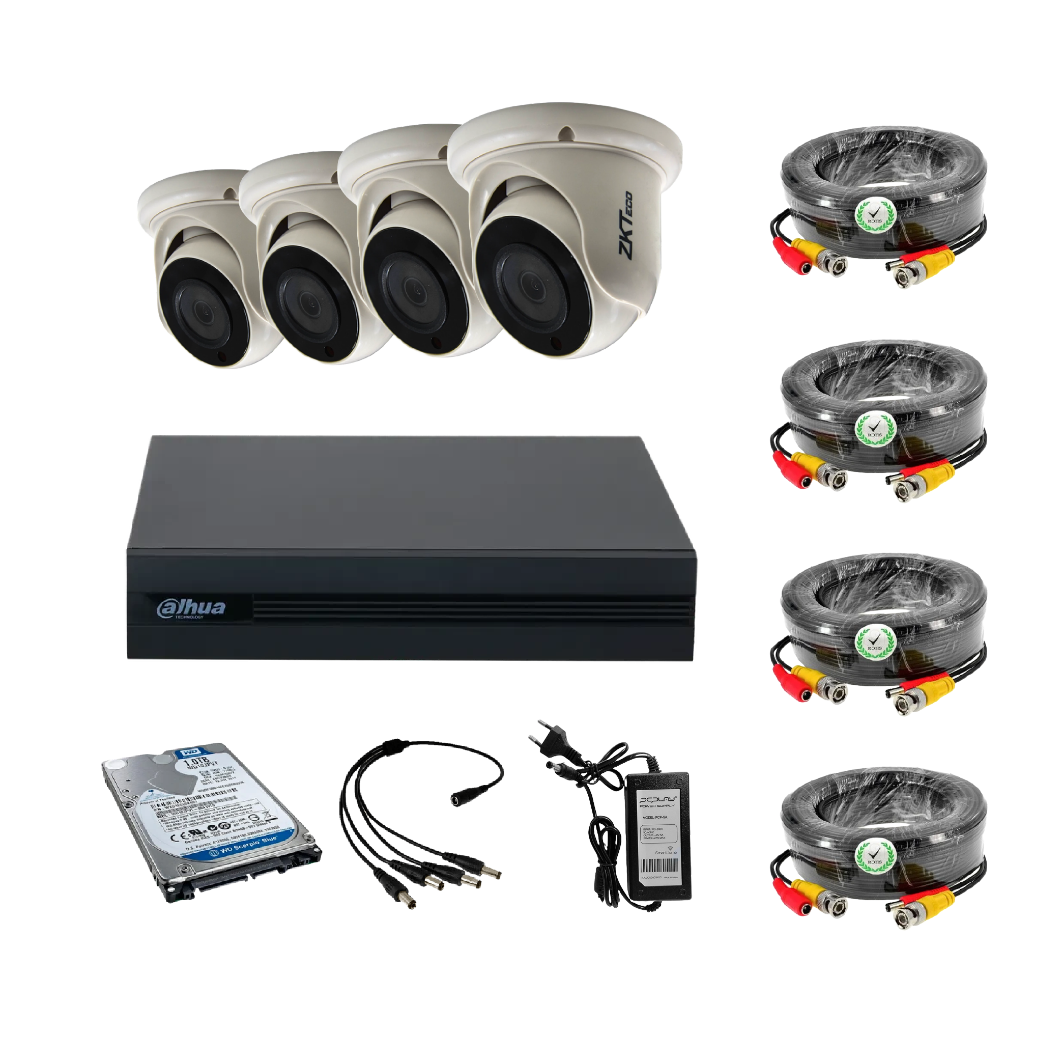KIT Dvr Dahua 4 Canales DH-XVR1B04-I. 1080N/720P con 4 cámaras ES-32B11J ZKTeco, cables 10 mts, fuente 5A y disco 1TB