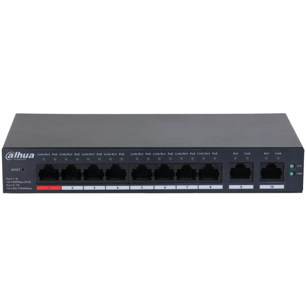 DH-CS4010-8ET-110. Switch Dahua 8 Puertos PoE 10/100 2 puertos uplink 10/100/1000 administrado por c