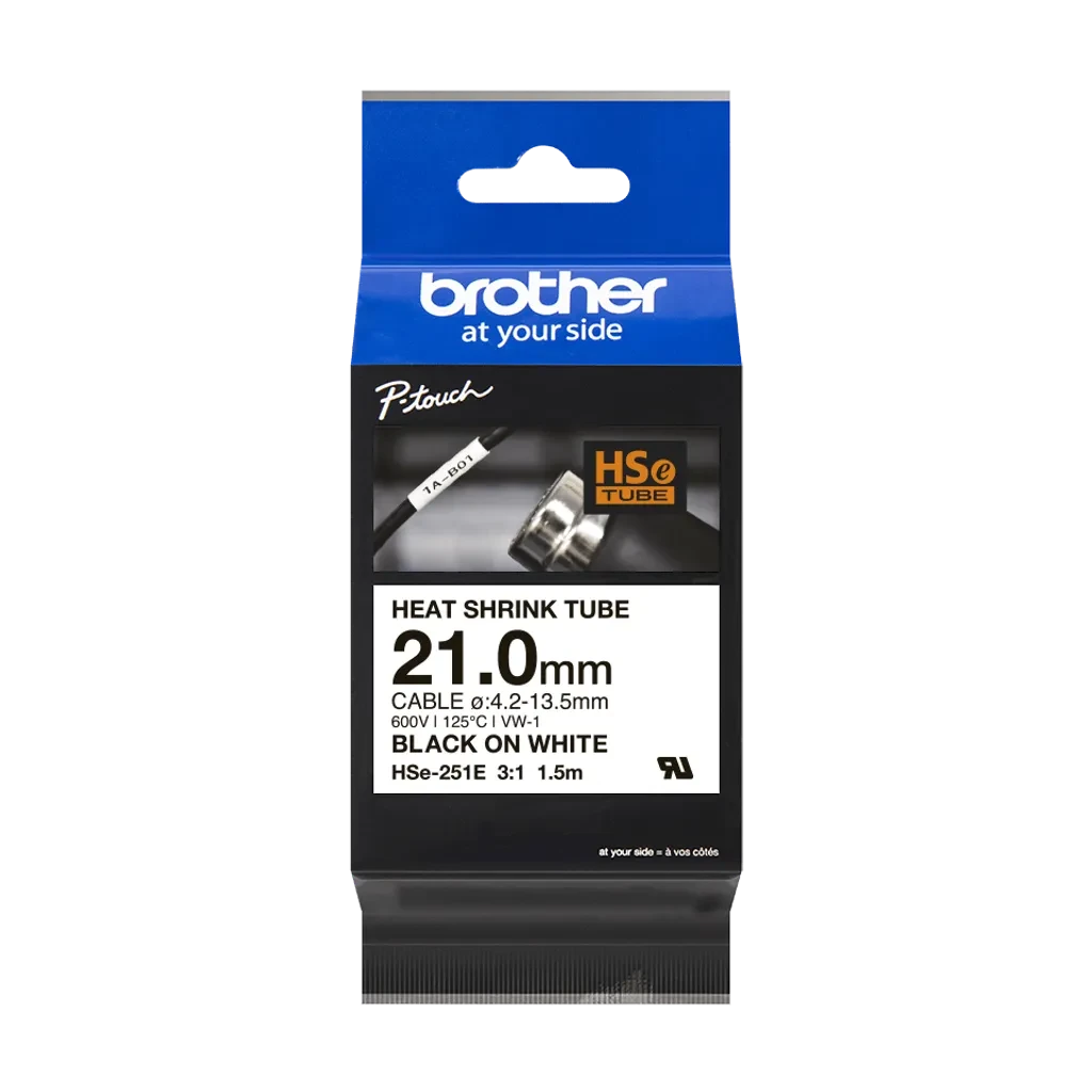 HSe251e. Tubo BROTHER 23,6mm Termo retráctil 7,3-14,3mm Negro en Blanco de 1,5mt